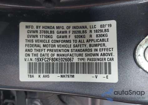 2019 Honda Civic Sport из США, поврежденный, VIN 19XFC2F80KE026067